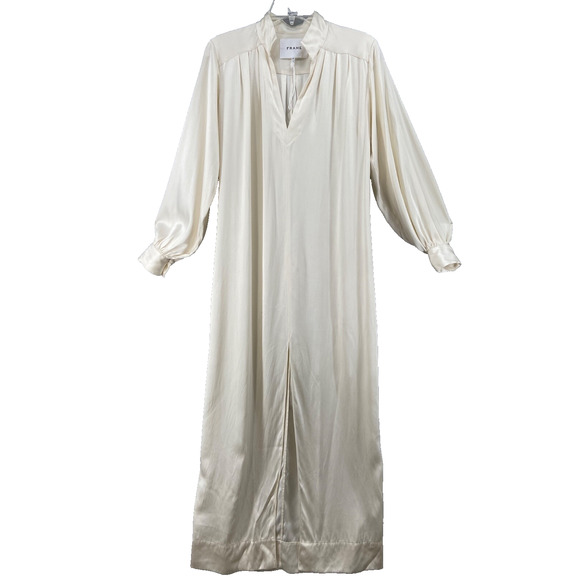 FRAME Dress Sz XS Kaftan Maxi White 100% Silk Split Neck Front Slit Long Sleeve - Picture 3 of 14